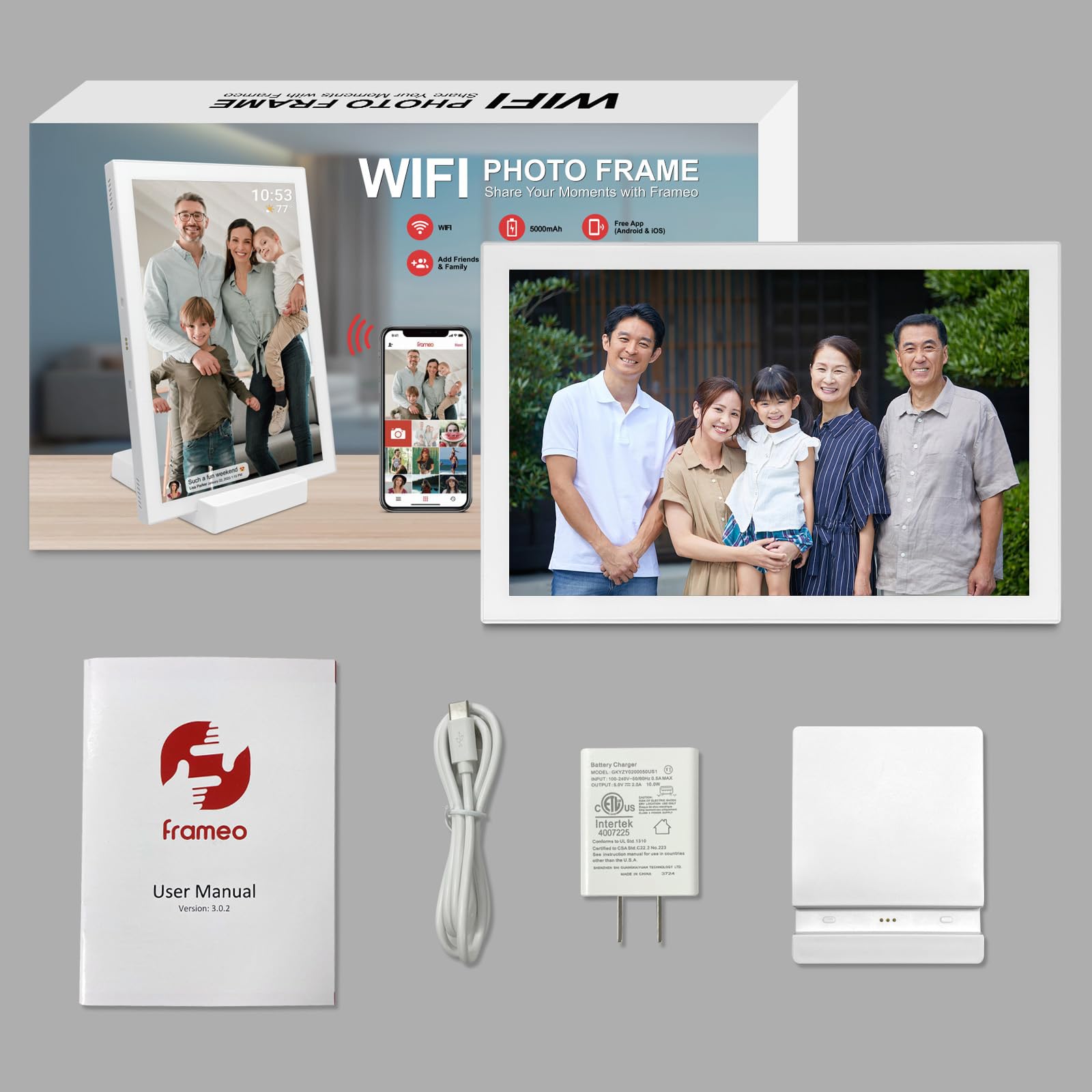 FRAMEO WiFiデジタルフォトフレーム、内蔵バッテリー、3～6時間